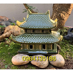 Mua Tiểu cảnh chùa hai mái men xanh đồng h15cm gốm sứ Bát Tràng