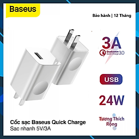 Củ Sạc Nhanh Thương Hiệu Baseus Công Suất 24W Công Nghệ Qualcomm QC 3.0 Tự Động Điều Chình Dòng Sạc - Hàng Chính Hãng