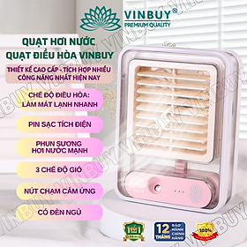 Quạt điều hòa hơi nước mini làm mát không khí để bàn nhỏ gọn, phun sương mạnh nhiều chế độ có bình đựng nước, nốt chạm cảm ứng, pin sạc tích điện, có đèn - Hàng chính hãng VinBuy