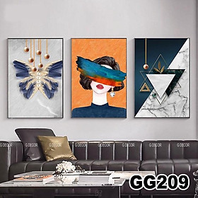 Tranh treo tường canvas 3 bức phong cách hiện đại Bắc Âu 209, tranh cô gái trang trí phòng khách,phòng ngủ, phòng ăn,spa
