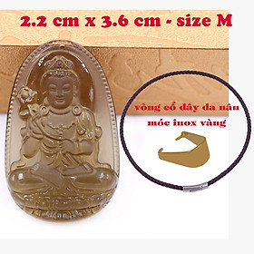 Mặt Phật Đại thế chí đá obsidian ( thạch anh khói ) 3.6 cm kèm vòng cổ dây da nâu - mặt dây chuyền size M, Mặt Phật bản mệnh