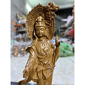 Mua PHẬT BÀ QUAN ÂM BỒ TÁT ĐỨNG TỌA SEN BẰNG GỖ BÁCH XANH THƠM NỨC KT CAO 30×10×9CM