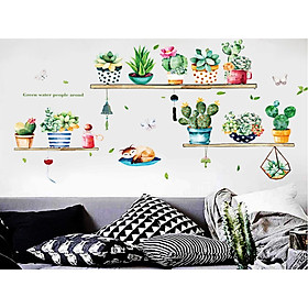 Decal dán tường kệ cây cảnh và con mèo
