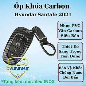 Ốp nhựa carbon lót silicon bảo vệ chìa khóa xe Hyundai Santafe 2021 kèm móc đeo INOX