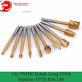 Bộ 10 mũi khắc phay điêu khắc gỗ thép HSS mạ titaniun cao cấp cán 3mm