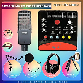 Combo thu âm, livestream Micro TakStar Tak55, Sound card Icon Upod Pro - Kèm full phụ kiện kẹp micro, màng lọc, tai nghe, giá đỡ ĐT, dây canon, dây ma2 - Hỗ trợ thu âm, karaoke online chuyên nghiệp - Hàng chính hãng