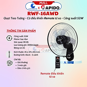 Quạt treo tường RWF-16AWD - Có Chức Năng Điều Khiển Bằng Remote Từ Xa - Hàng Chính Hãng - Bảo Hành 12 Tháng