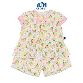 Bộ quần áo Ngắn bé gái họa tiết hoa Tulip Hồng Sữa cotton - AICDBGTIPPA9 - AIN Closet