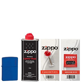 Bộ 4 sản phẩm: Bật Lửa Royal Blue Matte With Zippo Logo 229ZL+Xăng+Đá+Bấc