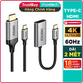 Bộ Cáp Type C to HDMI Phân Giải 4K 60Hz Dài 1.8M Kèm Đầu Chuyển C to HDMI Thunderbolt 3 CHOETECH CH0033-BK - Hàng Chính Hãng