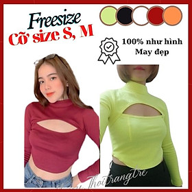 Áo Thun Croptop Nữ Hở Khoét Ngực Dài Tay Cổ Lọ Màu Đen Xanh Cam Đỏ-Áo CRT Kiểu Hở Ngực Tay Dài Thun Gân Ngắn Sexy