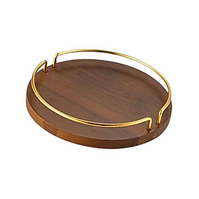 Vintage Round Wooden Serving Tray with Golden Handle for Kitchen Home Dinner