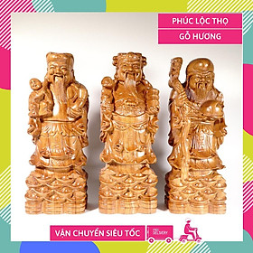 Bộ 3 tượng Phúc Lộc Thọ gỗ hương đứng trên khối vàng nguyên khối điêu khắc chạm cực đẹp - Cao 30cm