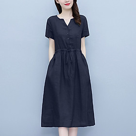 Đầm linen Nữ thiết kế cổ V Trẻ trung Kèm Dây Rút eo