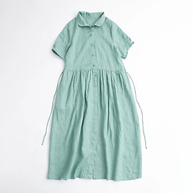 Đầm linen nữ dáng babydoll cổ sen kết hợp cúc chạy dọc , váy xẻ tà Da216