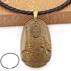 Vòng cổ dây da mặt Văn Thù Bồ Tát đá Obsidian 5cm - Phật bản mệnh tuổi Mão