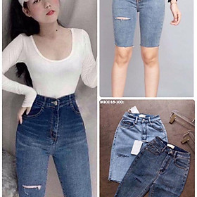 S M L 30-36 Quần jean ngố rách Bigsize