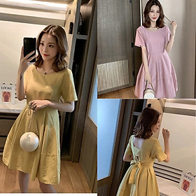 Đầm xòe đũi buộc nơ lưng vàng/hồng DN495