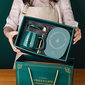 Mua Cốc Hâm Nóng đồ uống bằng sứ - Bộ ly sứ kèm đế điện hâm nóng trà  cafe  hâm sữa- Tặng kèm thìa vàng  hộp sang trọng