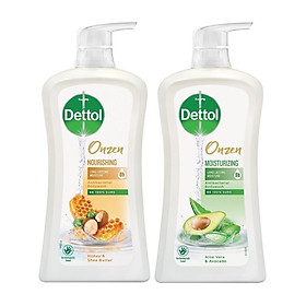 Combo 2 Chai Sữa Tắm Dettol Onzen Mật Ong Kháng Khuẩn Dưỡng Thể (950g) và Dưỡng Ẩm Lô Hội & Bơ (900g)