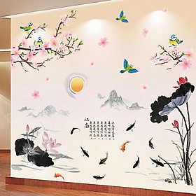 DECAL DÁN TƯỜNG CÀNH ĐÀO 6 VÀ SEN SƠN THỦY - HP855