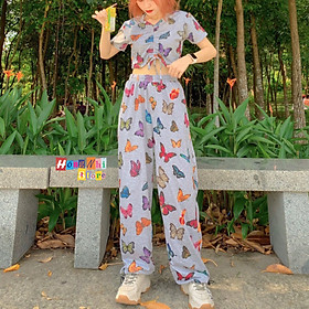 Set Bộ Áo Croptop Rút Dây Hoạ Tiết 3D Kèm Quần Long Pant Dài Dây Rút Cực Xinh - MM - M