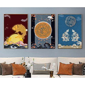 Bộ 3 Tranh Nghệ Thuật Phong Cách Phương Đông - Tranh In Vải Canvas, Khung Composite Cao Cấp