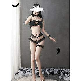 Bộ đồ lót ren hai dây khoét ngực kèm chuông cosplay đáng yêu freesize từ 45-70kg
