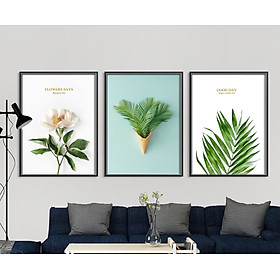 Mua Tranh Canvas bộ 3 tranh Hoa  Lá .. đã có khung  tặng móc treo