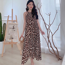 Đầm maxi beo cổ yếm