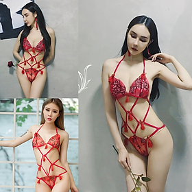 Set ngủ Cosplay Trung Hoa sexy dây buộc màu đỏ cách tân
