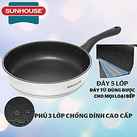 Chảo cạn inox 5 đáy SUNHOUSE 16-20-24-26-28cm dùng trên mọi loại bếp. Với chất liệu inox không gỉ cùng lớp chống dính Whitford (USA) cao cấp