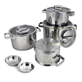 Bộ nồi Fivestar 4 món inox 304 thân thẳng quai vuông nắp kính tặng bộ thau rổ