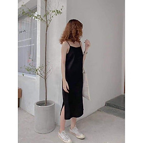 Váy 2 dây, đầm xuông - váy chất đũi lụa trơn basic nữ