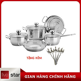 Bộ Nồi Chảo 3 Đáy Từ Inox 430 cao cấp Fivestar Standard 5 món (1 Quánh 18cm, 2 Nồi 20cm-24cm, 1 Chảo 24cm và 1 Xửng 24cm) , tặng 5 muỗng
