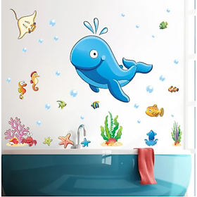 Decal trang trí tường - Chú cá voi xanh hài hước