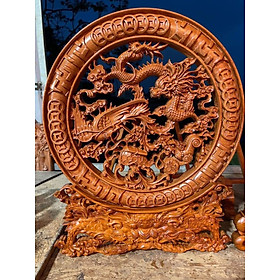 Đĩa trang trí phong thủy trạm khắc tứ linh bằng gỗ hương đá kt mặt rộng 40×4cm