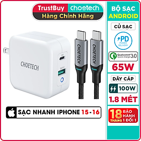 Mua Bộ Củ Sạc Dành Cho Macbook  Laptop  Điện Thoại 65W CHOETECH PD8002 GaN Tech + Type-C to C 100W 1.8M XCC-1002-GY - Hàng Chính Hãng