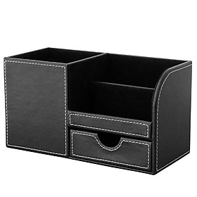 Desk Organizer Leather Pen Pencil Pot Holder Stationery Storage Box with Drawer Office Desktop Supplies