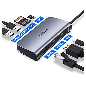 Hub type c 7 trong 1 docking Ethernet + 4K HDMI + 2 x USB 3.0 + đọc thẻ Micro SD + 100W sạc PD Ugreen 212XH50852CM 20CM màu xám hàng chính hãng