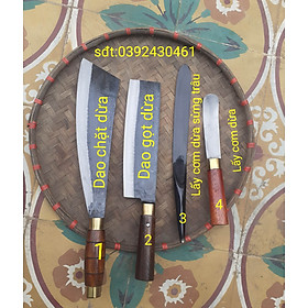 Mua bộ 4 dao làm dừa (chặt dừa  gọt dừa   lấy cơm dừa  lấy cơm dừa nguyên trái bằng sừng trâu) chuẩn 100% ô tô bao sắc bén