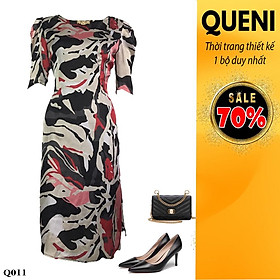 Đầm trung niên lụa satin 2 lớp cao cấp thời trang thiết kế Queni Fashion Q011