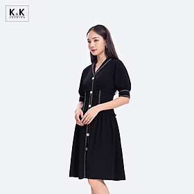 Đầm Xòe Đen Công Sở Nữ Nhấn Eo Viền Trắng K&K Fashion KK114-26 Chất Liệu Tằm Đũi