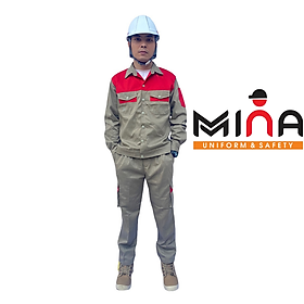 Mua Bộ Quần Áo Bảo Hộ Lao Động Ghi Đất Phối Đỏ - Vải Liên Doanh KAKI 31- Quần Túi Hộp ( Chất Đẹp )