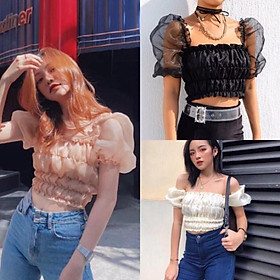 Áo croptop nhún voan kiếng có 3 màu có ảnh thật