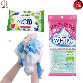 Mua Combo khăn tắm tạo bọt Whip s (loại ít bọt) + khăn ướt khử trùng 20 tờ  không cồn - nội địa Nhật Bản