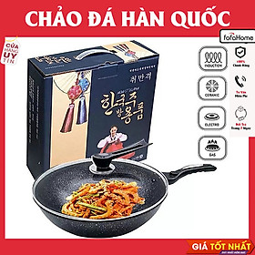 Chảo Chống Dính Siêu Bền Sâu Lòng Đá Hàn Quốc Có Nắp Kính Size 32cm/30cm (Tặng Thìa Gỗ ) Dùng Cho Mọi Loại Bếp