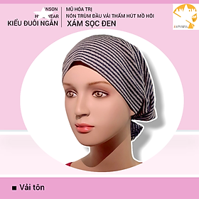 Nón hóa trị vải mềm mát, hút mồ hôi, bệnh nhân ung thư, chemo hat, nón trùm đầu [KIỂU ĐUÔI NGẮN-XÁM SỌC ĐEN] 