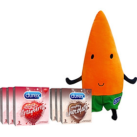 Bộ sản phẩm 3 hộp Sensual Strawberry 3s + 3 hộp Naughty Chocolate 3s Tặng Carot bông Durex (màu cam)