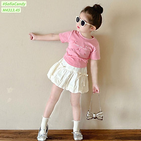 [Từ 1 đến 12 tuổi] Sét áo cotton hồng đính nơ mix chân váy ngắn tơ nhăn mềm (có quần) bé gái đến 45kg